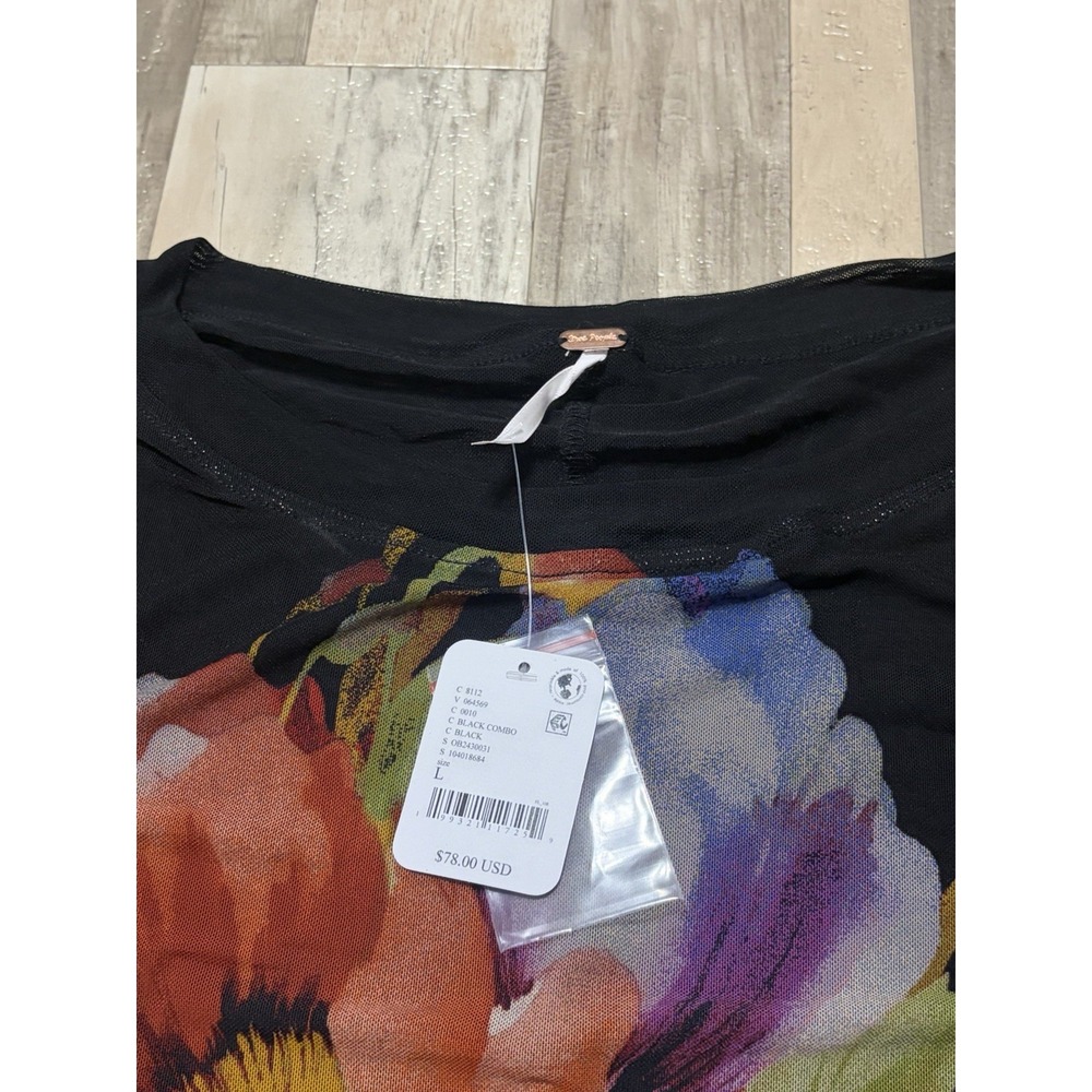 NWT Free People Womens L Lilly Printed Long Sleeve Top Black Floral Boho Sheer - Picture 4 of 6